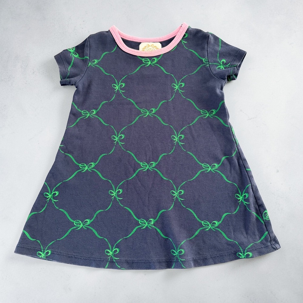 The Beaufort Bonnet Company Navy Blue Green Bow Trellis Pima Cotton Dress 2T